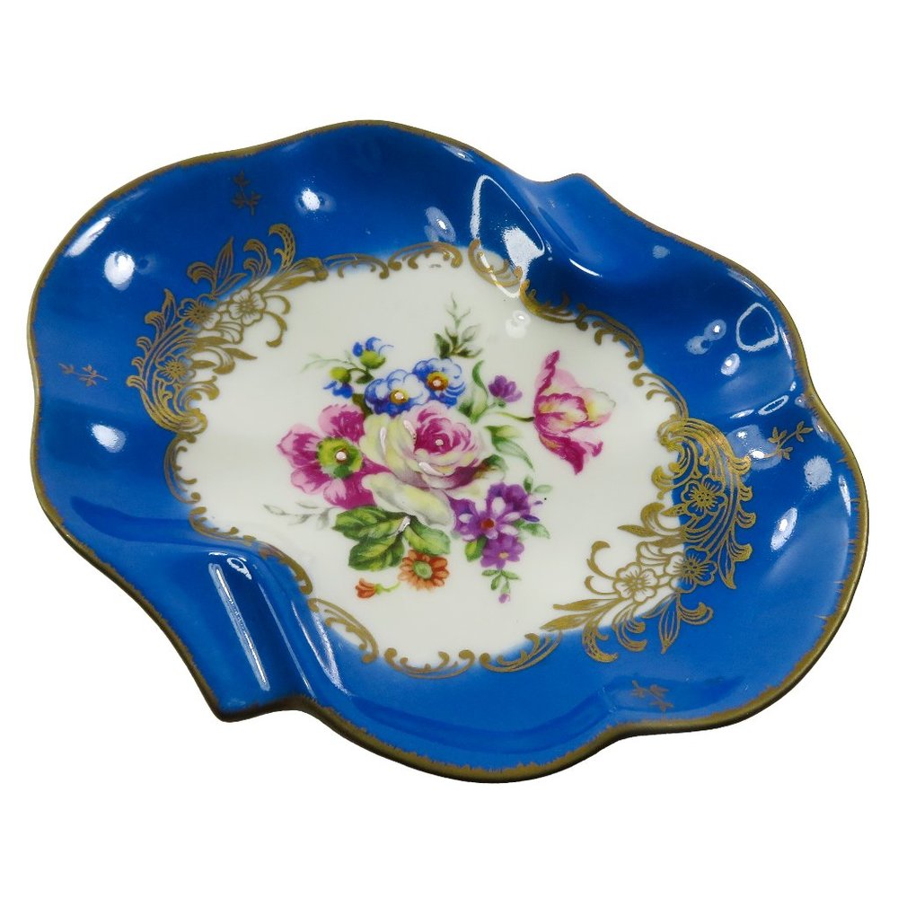 Vintage FRANCE Couleuvre LIGNE LIMOISE Blue Gold Porcelain Trinket Dish Ash Tray